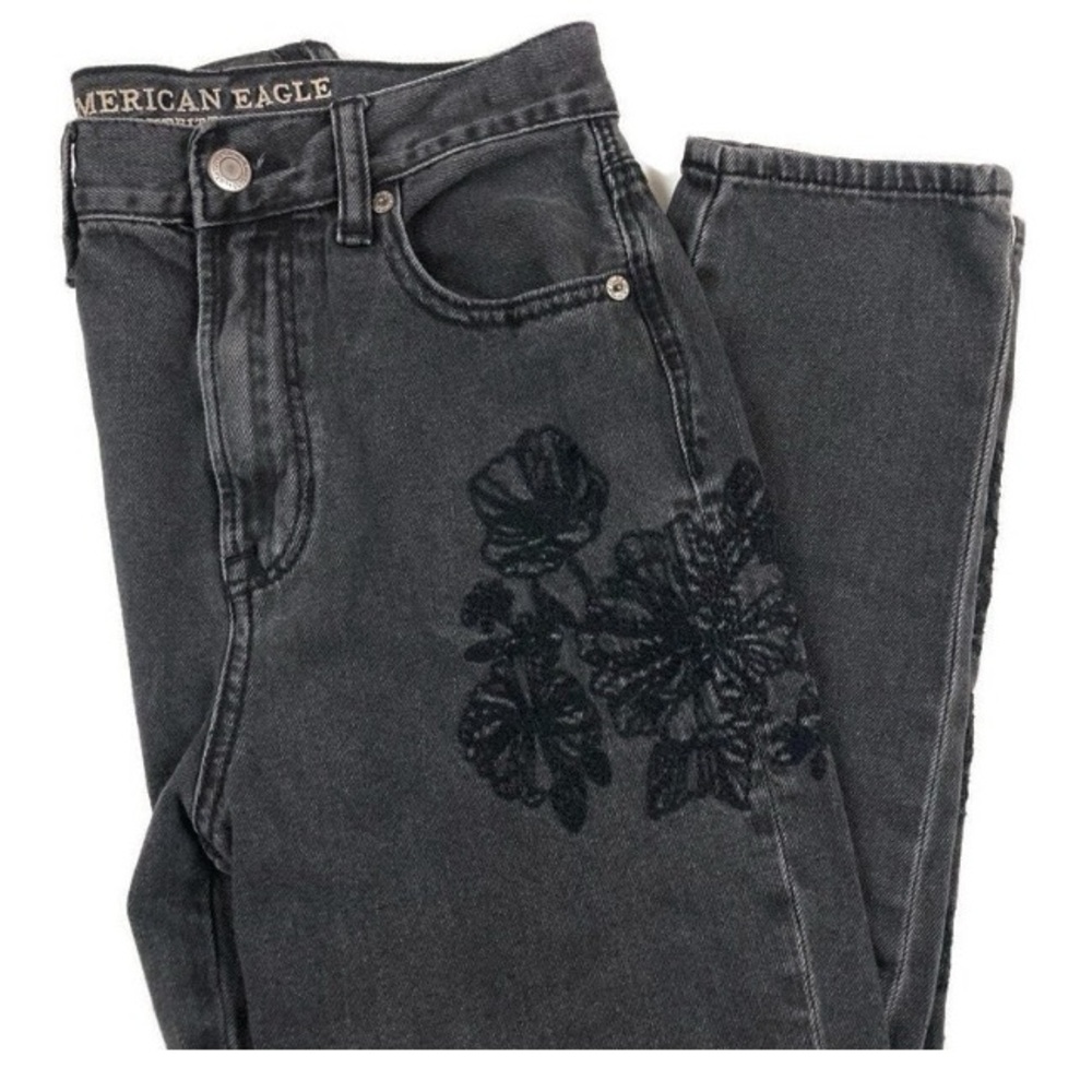 American Eagle Outfitters Faded Black Embroidered Floral High Rise Mom Jeans